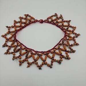 Woven Wood Beaded Collar Necklace Brown Tribal Style Southwestern Boho Artisian